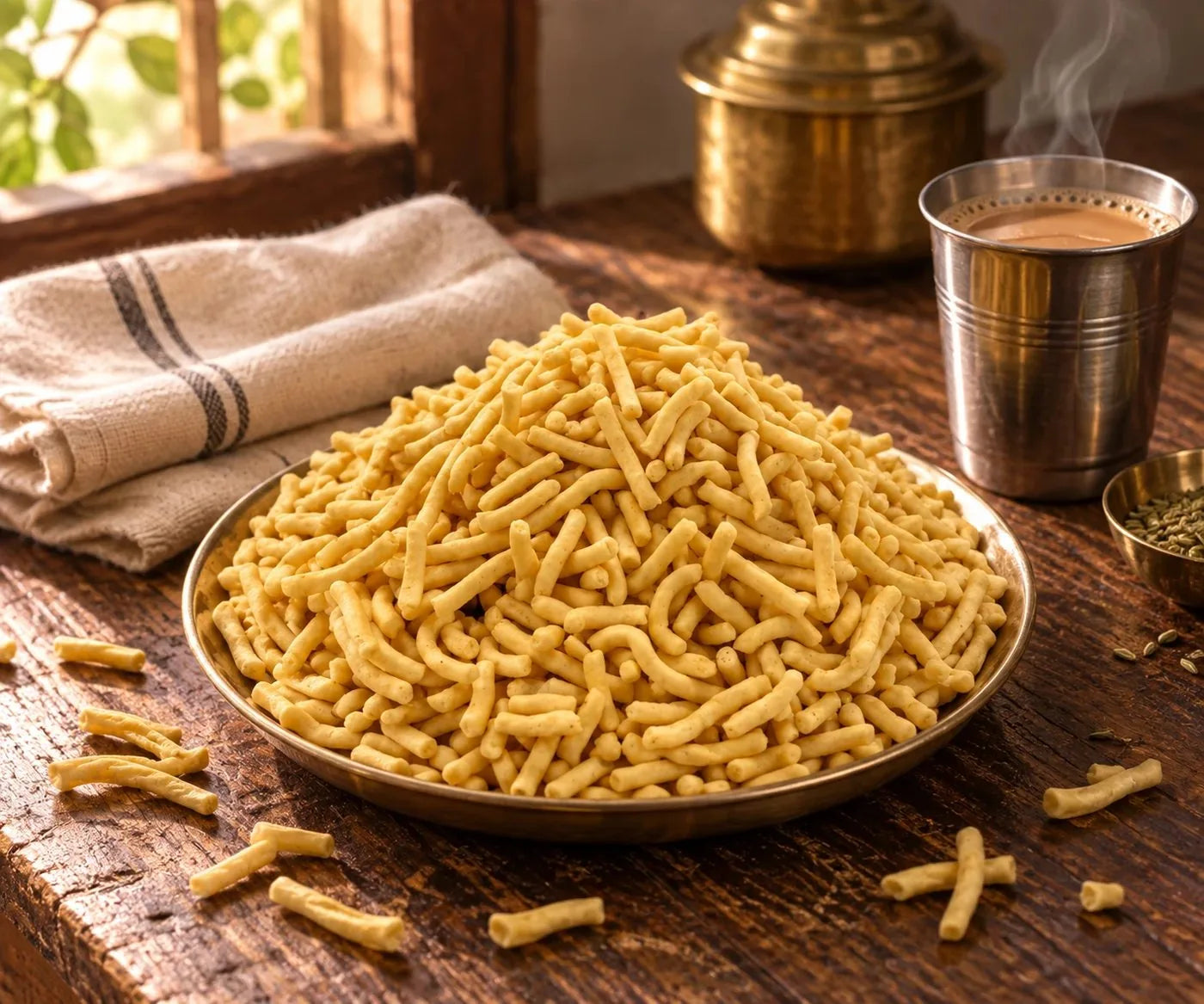 A brass plate of Snacrunch nylon gathiya beside a glass of chai